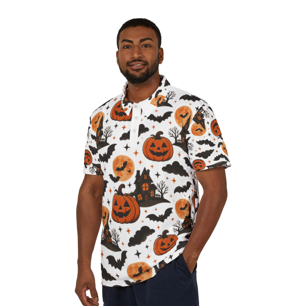 Halloween Pumpkin & Bats All-Over Print Polo Shirt